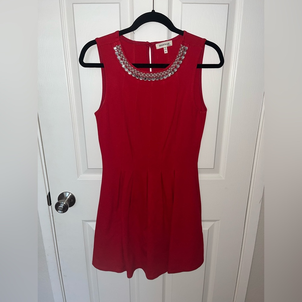 Red dress with rhinestone neck detail